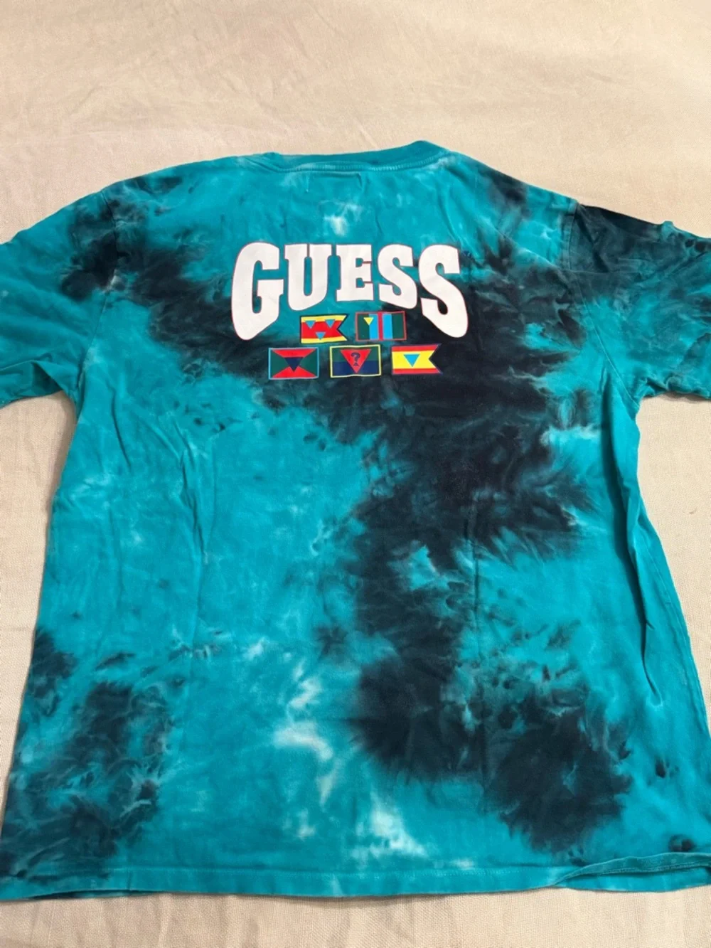 Guess Teal Tie-Dye Crewneck Tee with Black Logo Accent - Picture 2 of 3